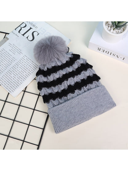 Haila - Women's Striped Fleece Lined Beanie with Pom