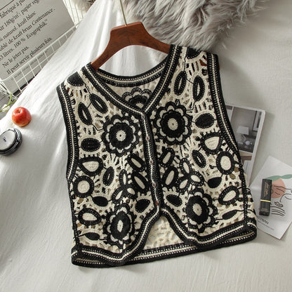 Crosa Black and White Floral Hollow Knit Vest with floral motif and knit texture