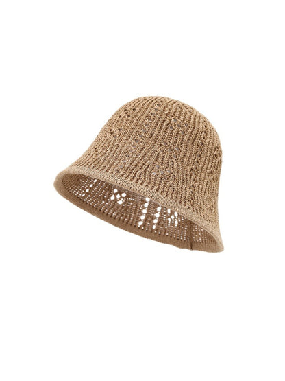 Haila soft openwork knit casual bucket hat in beige on a flat surface with visible knit details