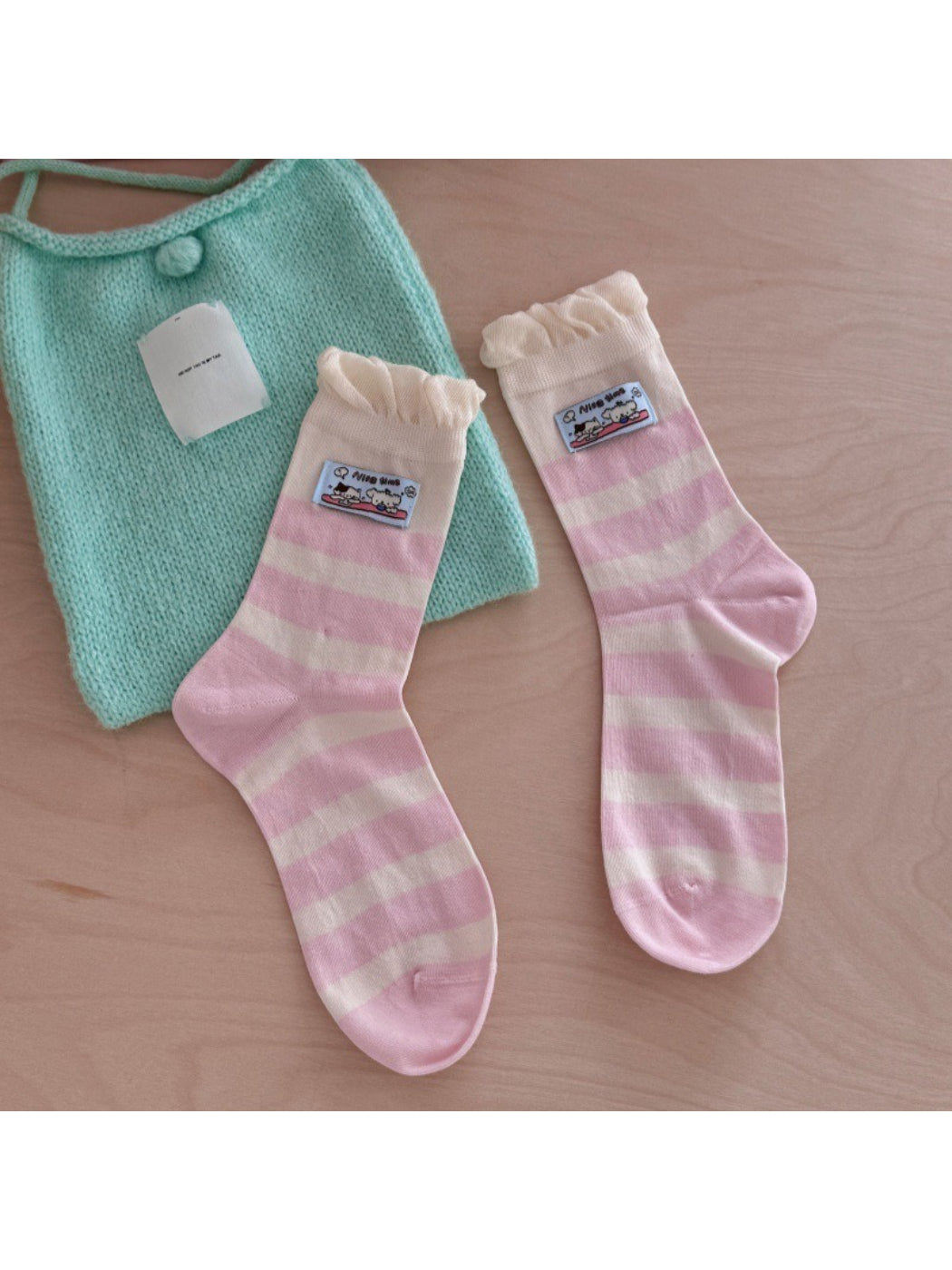 Model wearing Rufia cute patch ribbed socks with casual outfit