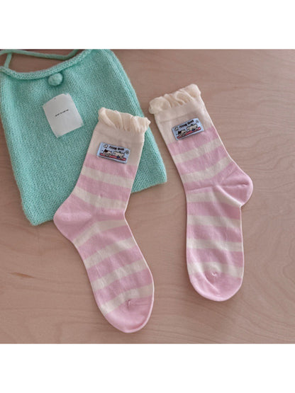 Model wearing Rufia cute patch ribbed socks with casual outfit