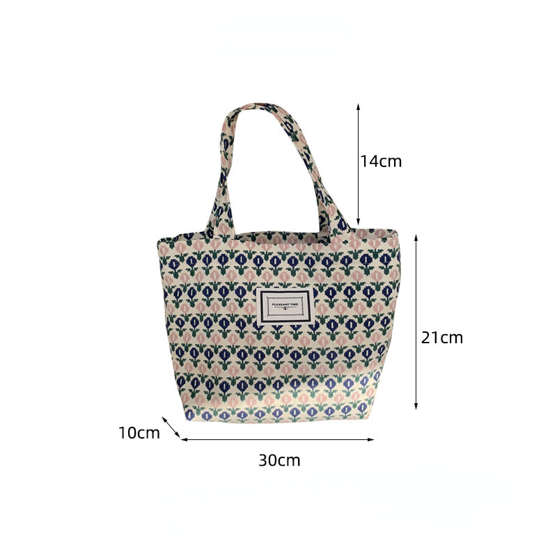 Corduroy Tote Bag with Floral Pattern