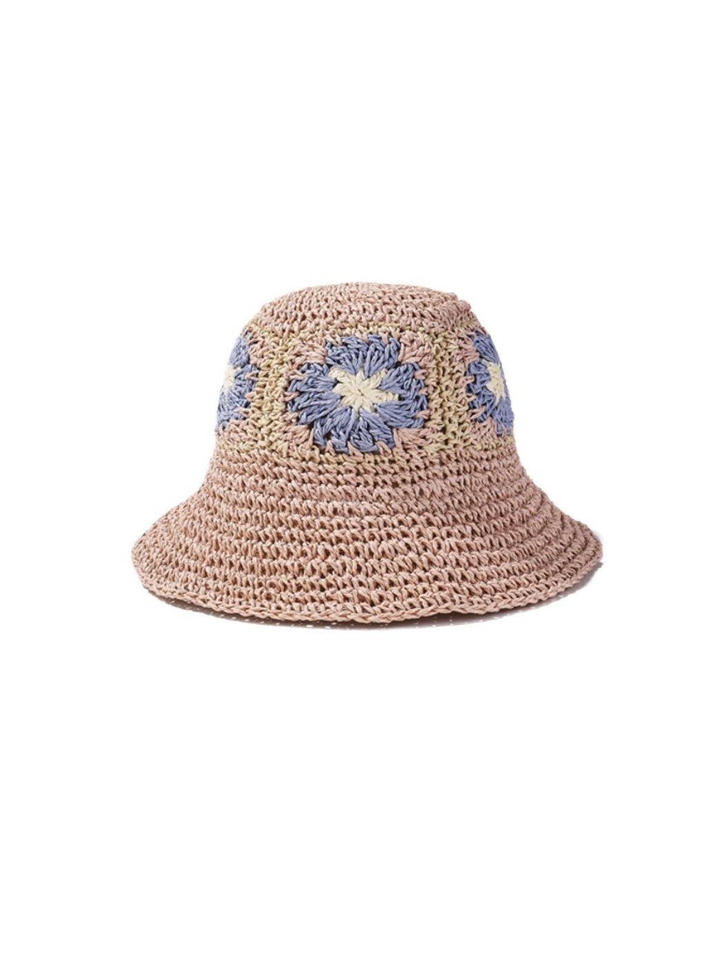 Model wearing Haila crochet flower patch bucket hat outdoors