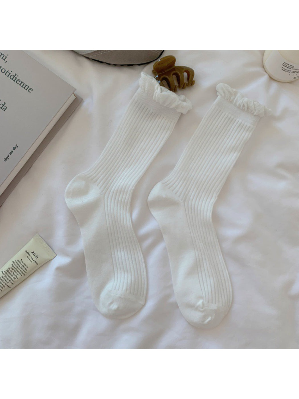 Rufia lace trim crew socks worn with casual shoes