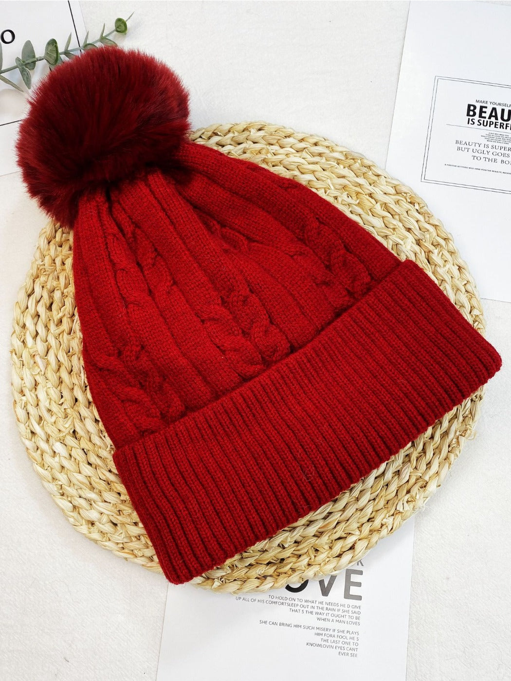 Haila - Women's Cable Knitted Beanie with Pom Pom