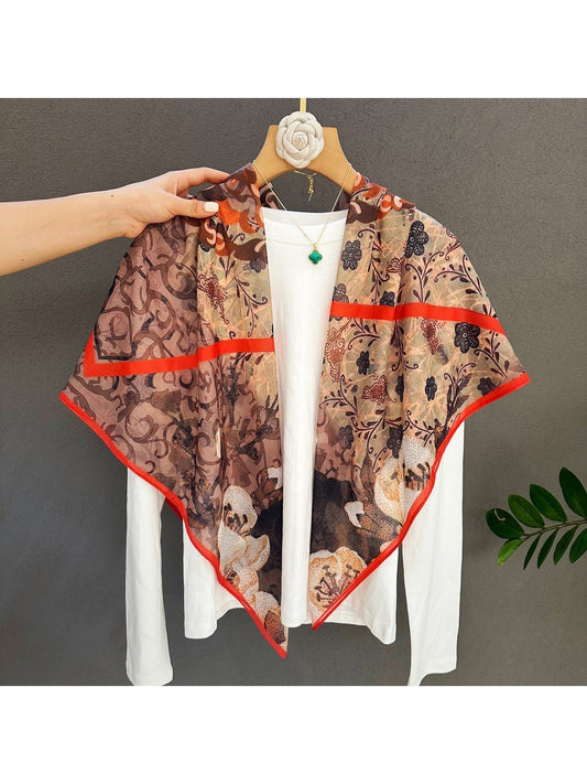 Scarvii - Brown Tone Floral Print Square Scarf