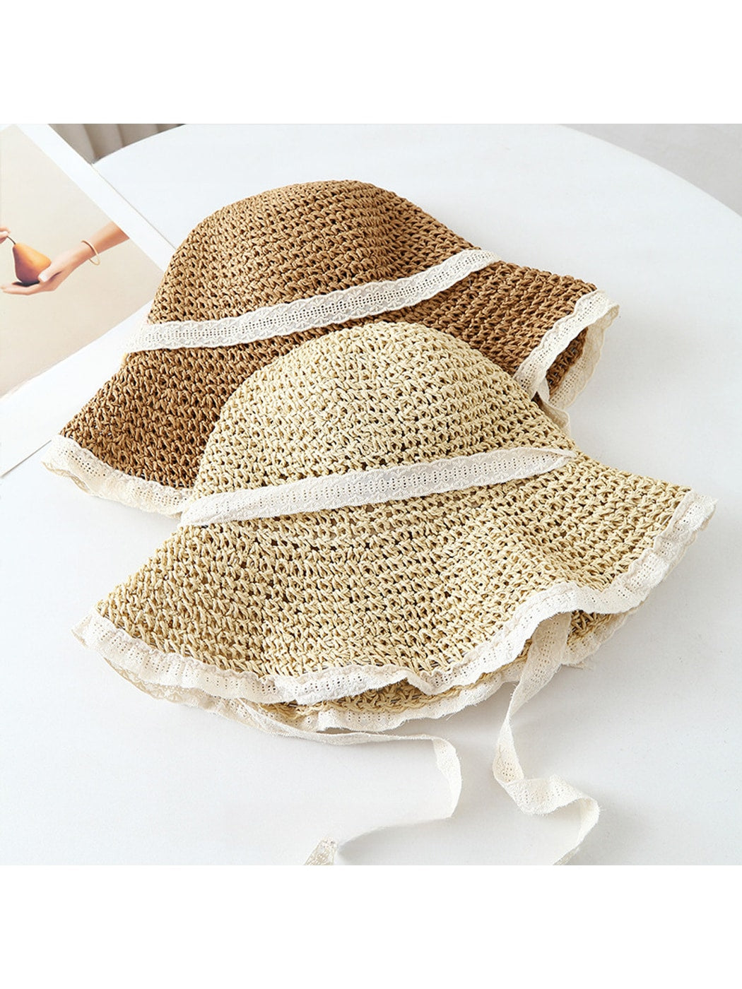 Haila - Lace Trim Foldable Round Crown Women's Hat