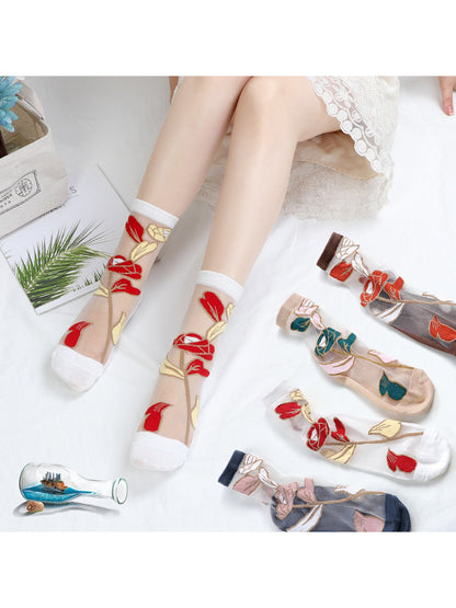 Rufia - Sheer Bloom Embroidered Crew Socks