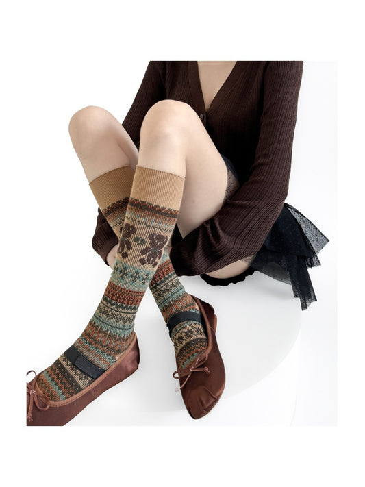 Rufia - Vintage Bear Pattern Mid-Calf Socks
