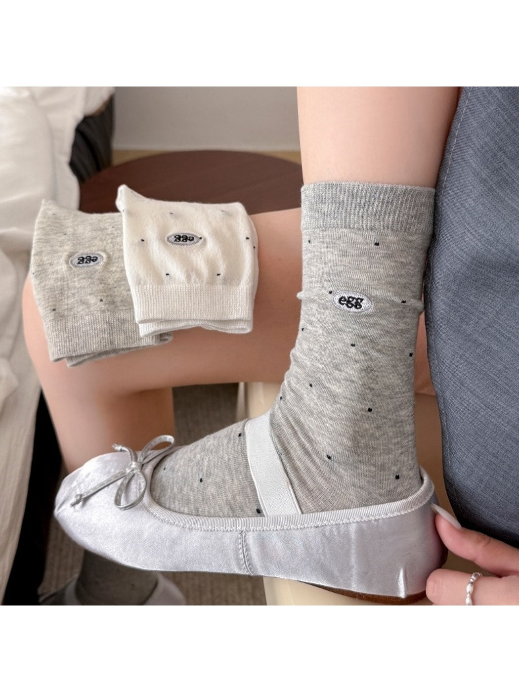 Rufia - Polka Dot Letter Embroidered Crew Socks