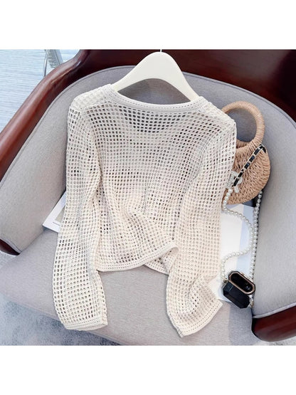 Crosa - Loose Fit Openwork Long Sleeve Pullover Top