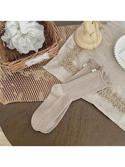 Rufia - Beaded Decorate Solid Color Crew Socks