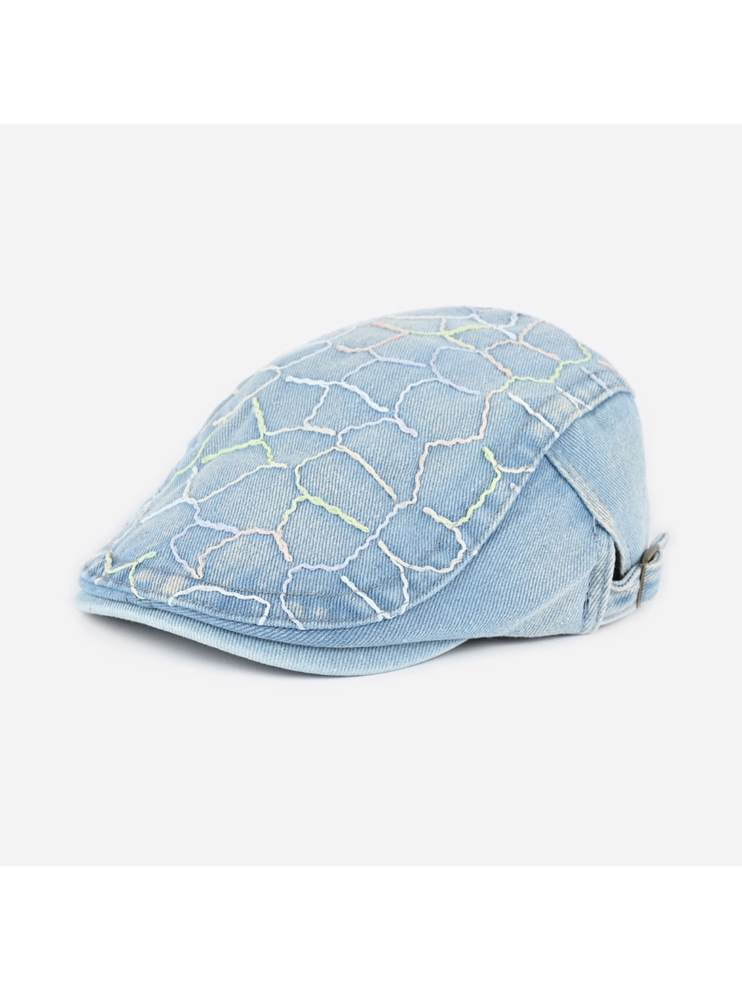 Haila washed denim vintage retro newsboy cap angled to show overall design