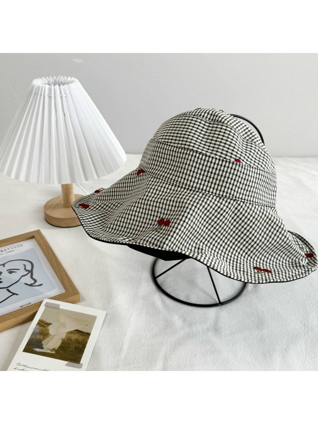 Haila - Cherry Gingham Wide Brim Casual Bucket Hat