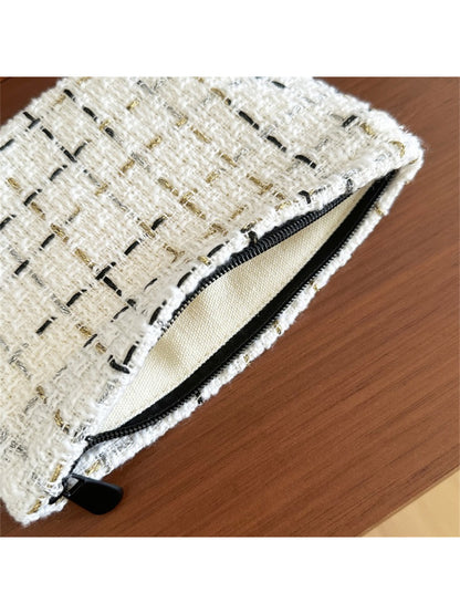 Cosbai Chic Tweed Makeup Organizer Pouch with a wrist strap on a white background