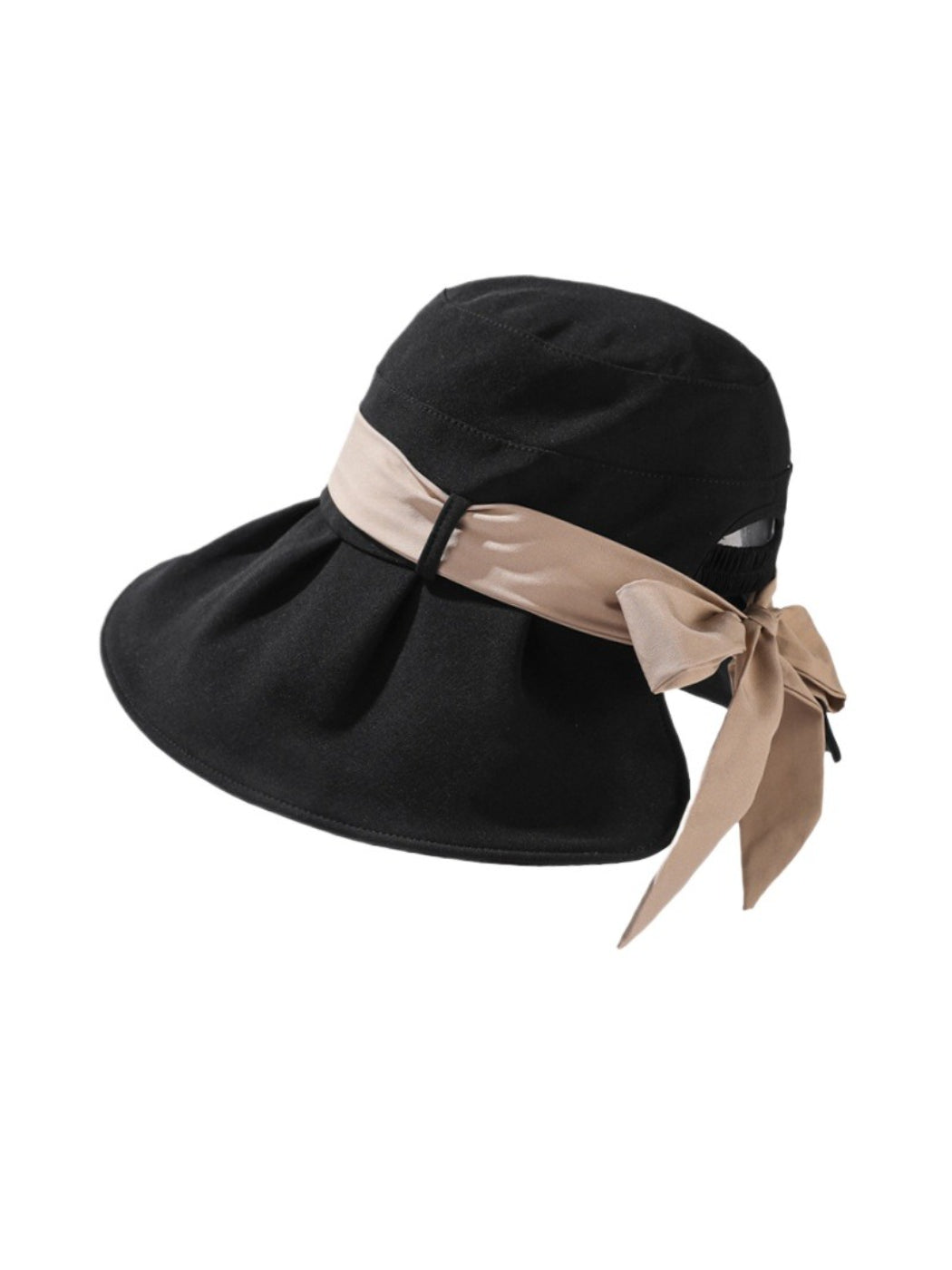 Side view of Haila pleated brim hat showing bow detail