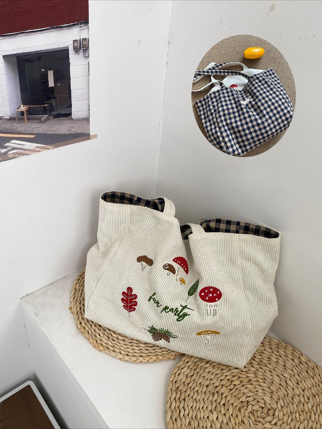Cosbai – Retro Corduroy Mushroom Embroidered Shoulder Bag