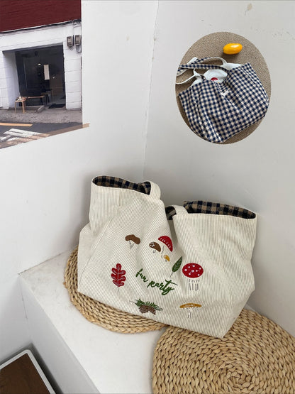 Cosbai – Retro Corduroy Mushroom Embroidered Shoulder Bag