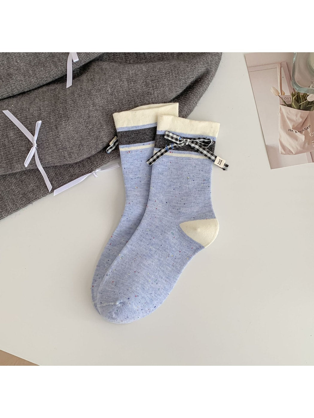 Rufia - Sweet Colorblock Bow Detail Crew Socks