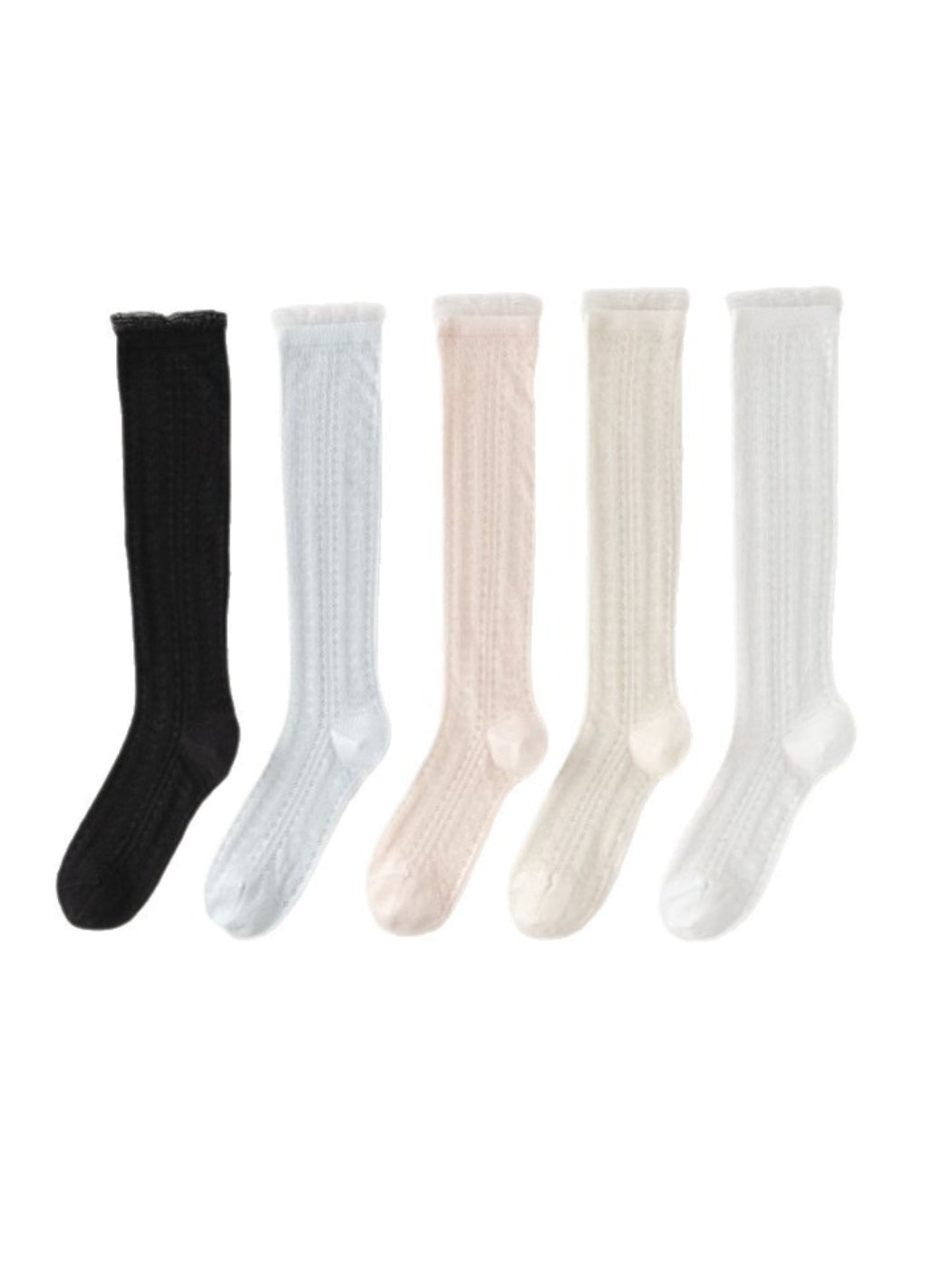 Model wearing Rufia soft cable knee high socks with casual outfit