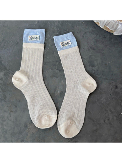 Rufia - Cartoon Dog Tag Mesh Color Block Double Cuff Socks