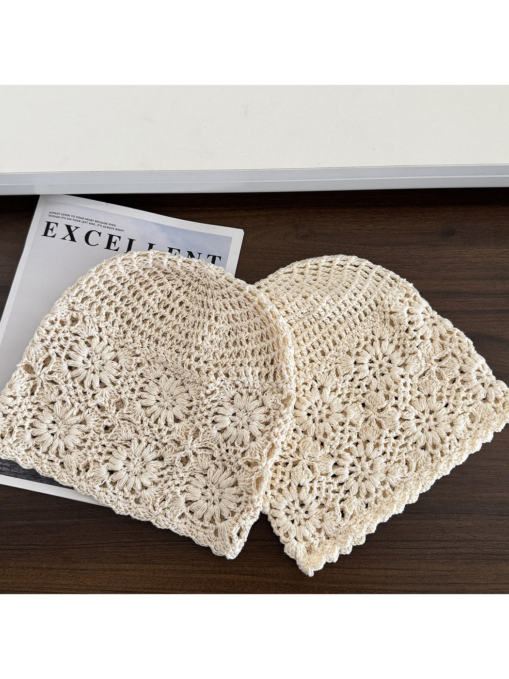 Haila - Openwork Floral Round Crown Knit Hat