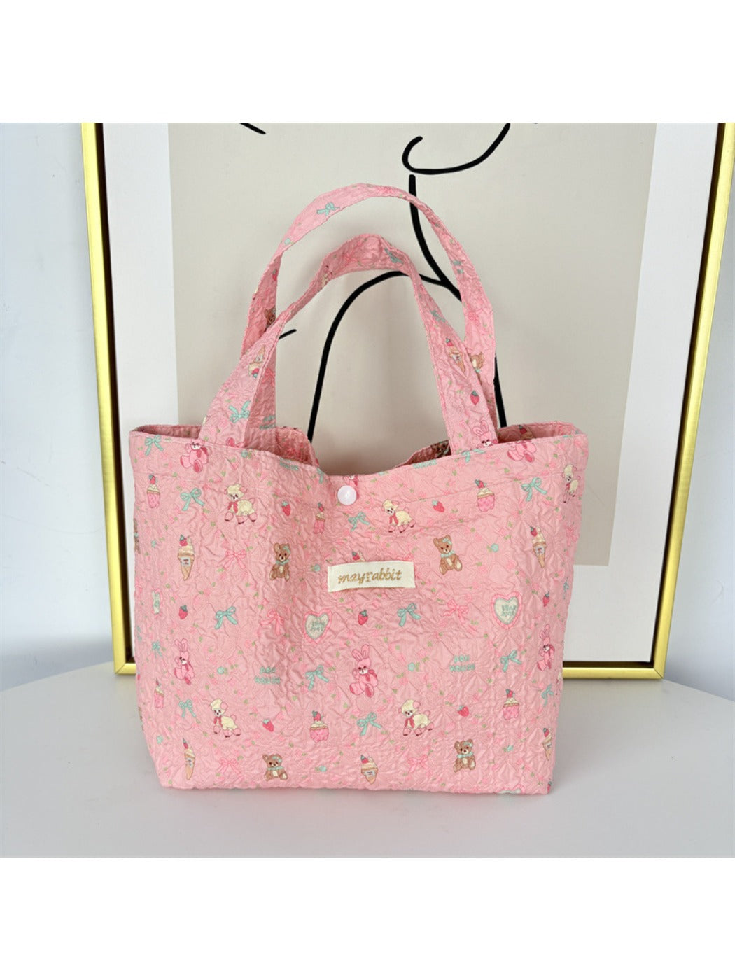 Cosbai – Quilted Floral & Bear Printed Tote Bag