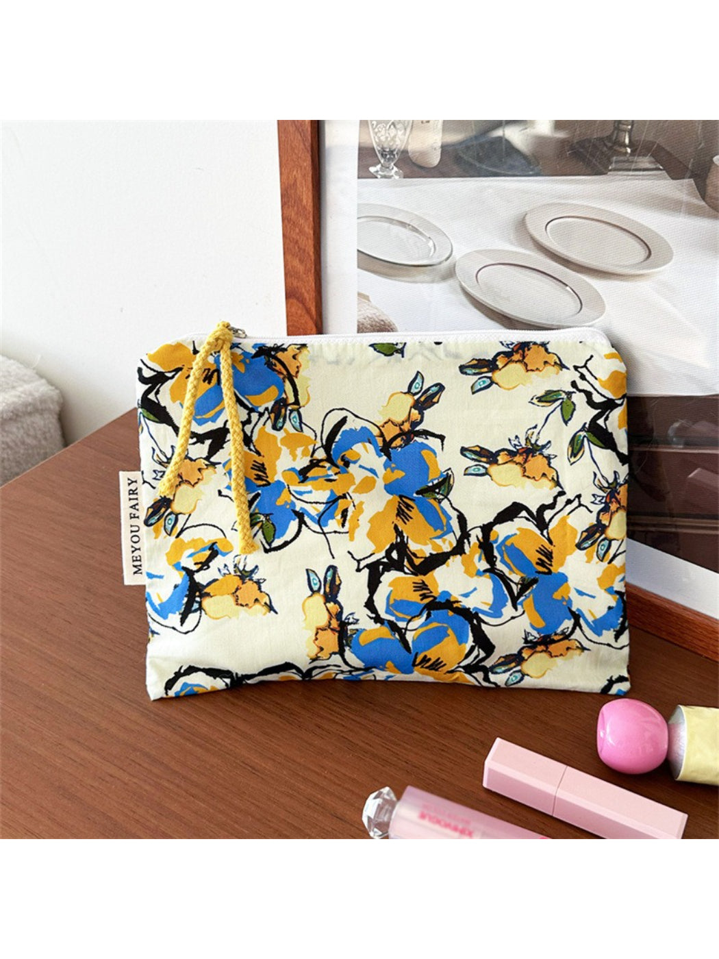 Cosbai floral cartoon cosmetic bag with vibrant flower and cartoon illustrations on fabric