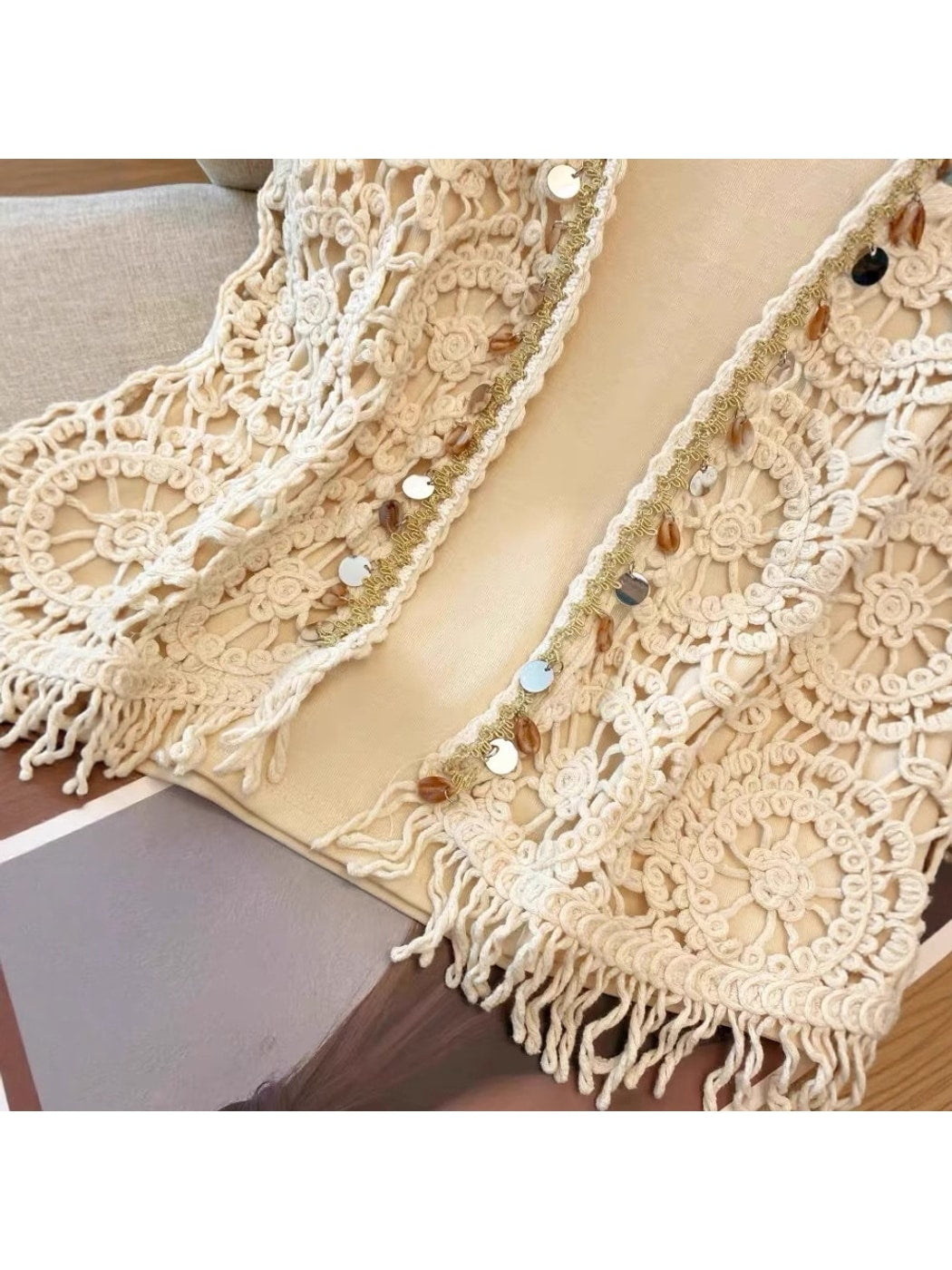 Crosa - Open Front Sequin Hollow Out Knit Fringe Vest