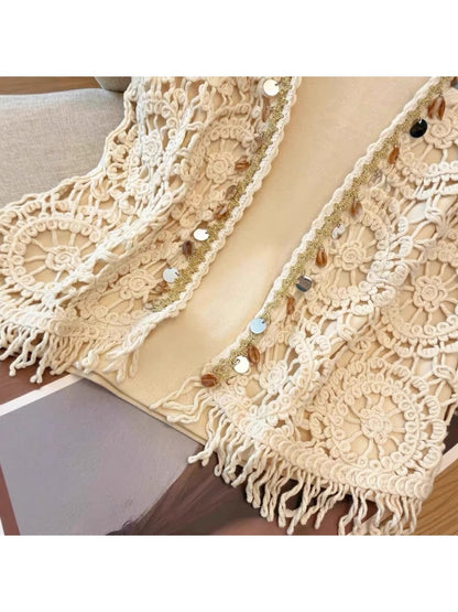 Crosa - Open Front Sequin Hollow Out Knit Fringe Vest