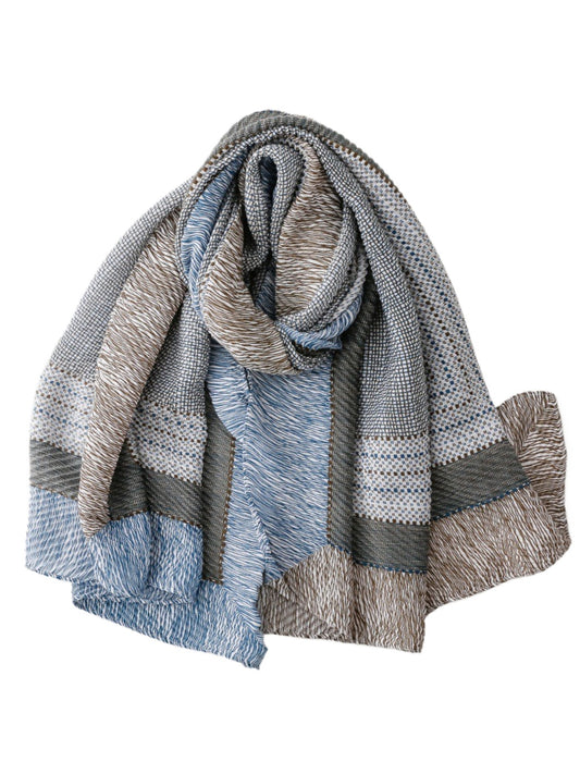 Scarvii woven colourblock wrap scarf in shades of blue, green, and beige displayed flat