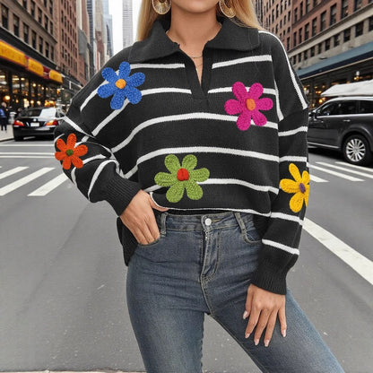 Crosa Colorblock Flower Polo Sweater product shape
