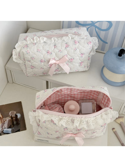 Cosbai cute bow lace makeup storage bag closed with pink bow detail