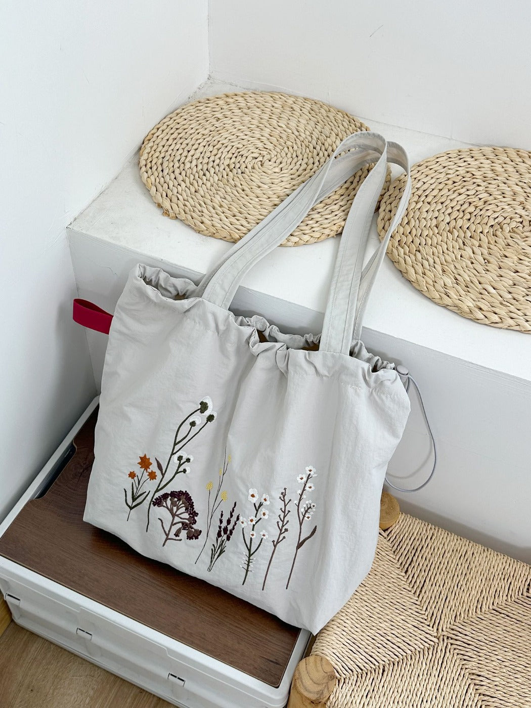 Cosbai - Floral Embroidery Drawstring Tote Bag