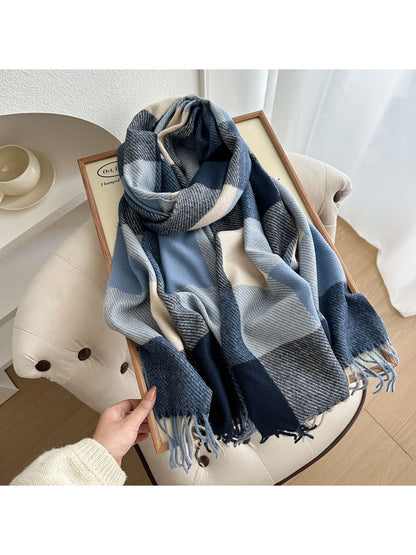 Scarvii - Colorblock Plaid Fringed Winter Scarf
