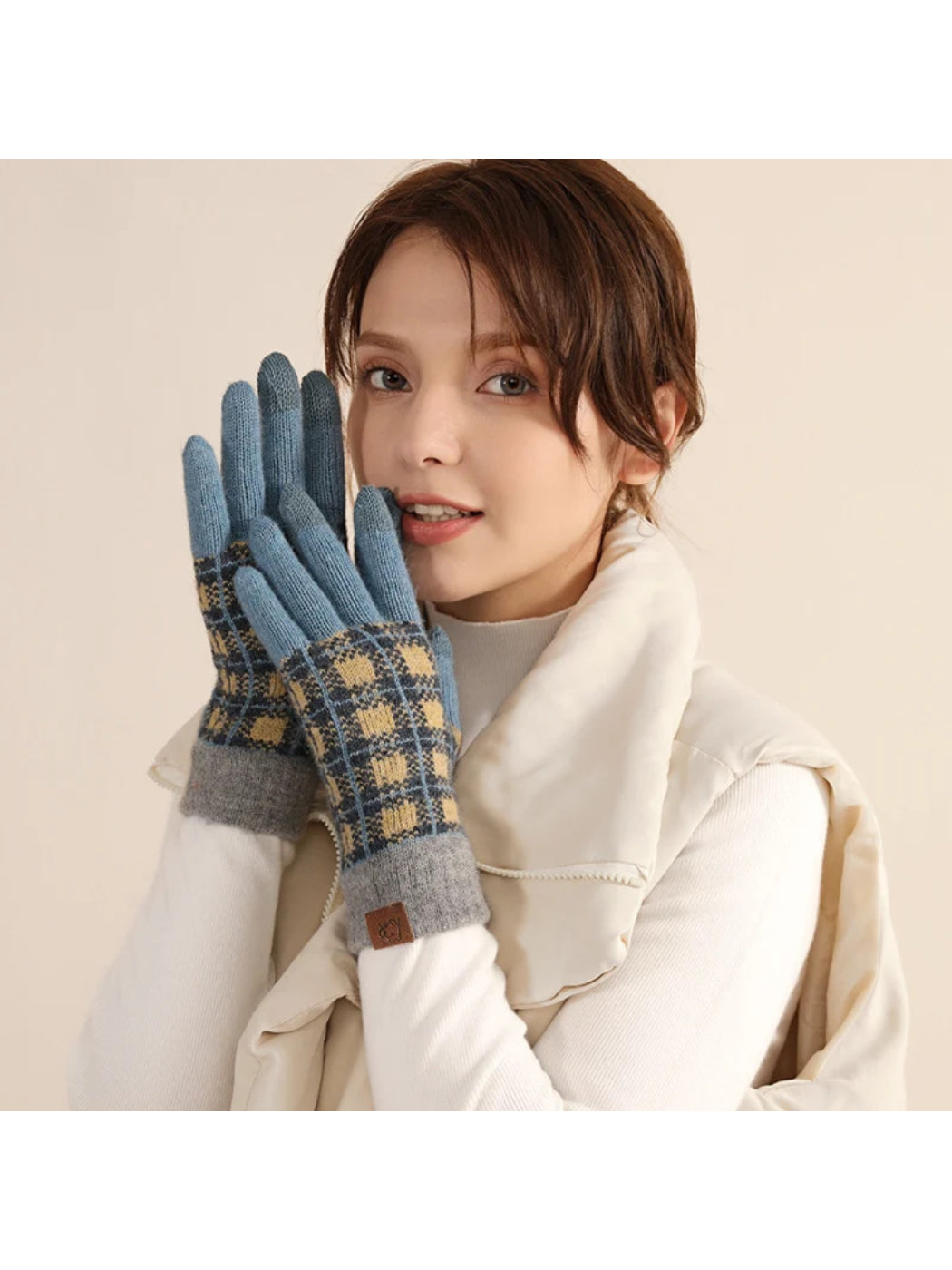 Gloving - Colorblock Plaid Knit Winter Gloves