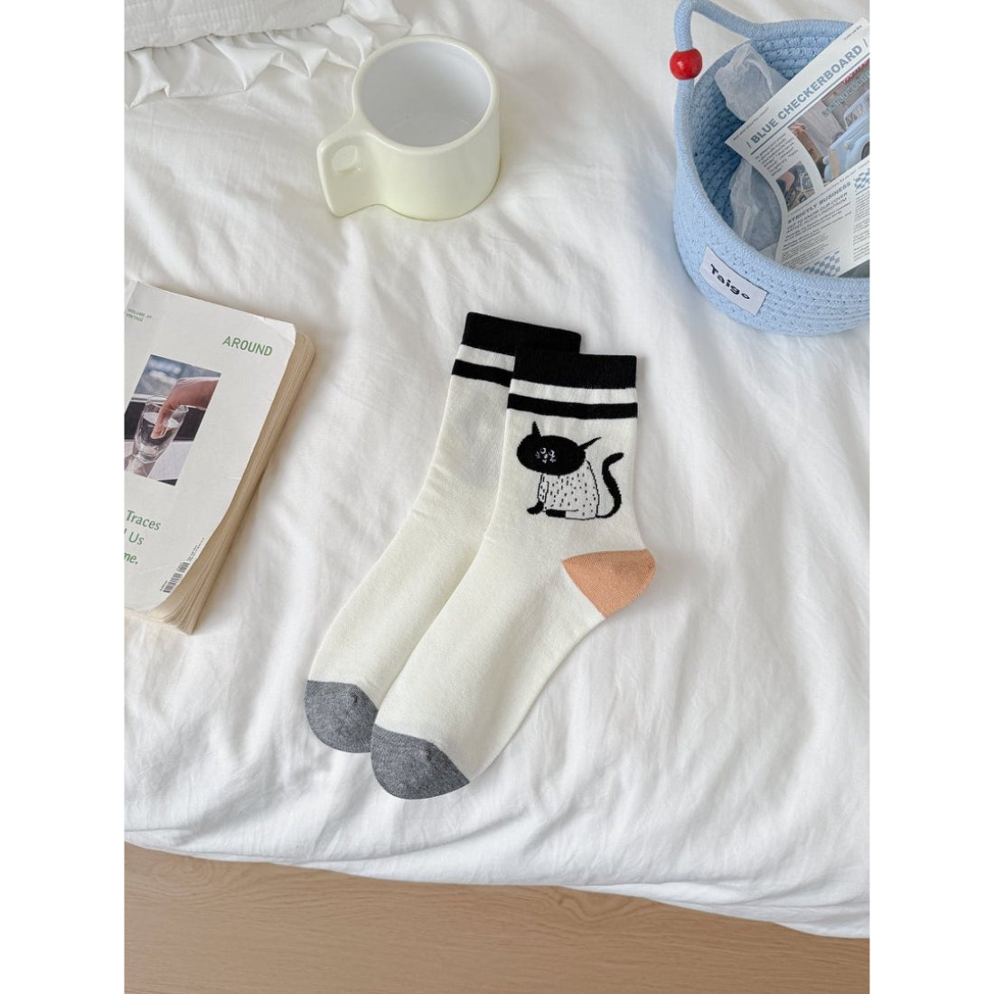 Rufia novelty cat knit crew socks packaged with branded label