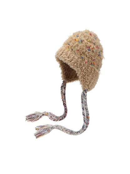 Haila – Plush Knitted Beanie with Colorful Dots & Earflap & Ties