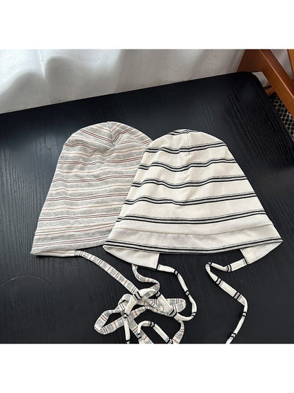 Haila - Striped Tie Strap Round Crown Knit Hat