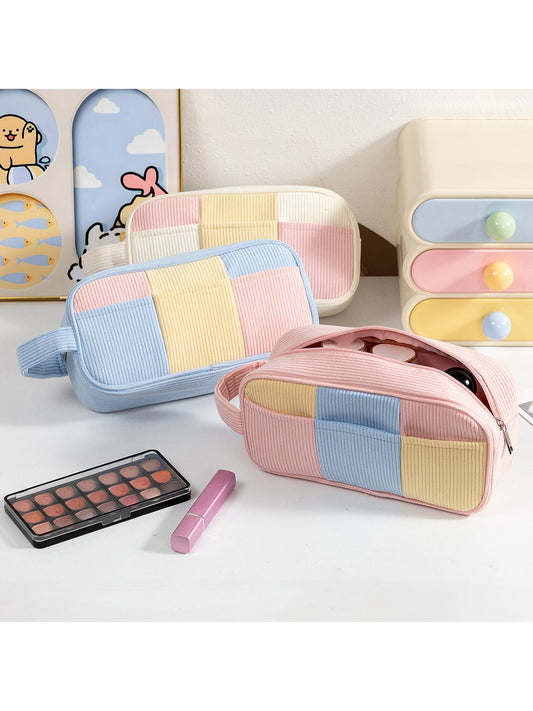 Cosbai - Color Block Corduroy Makeup Bag