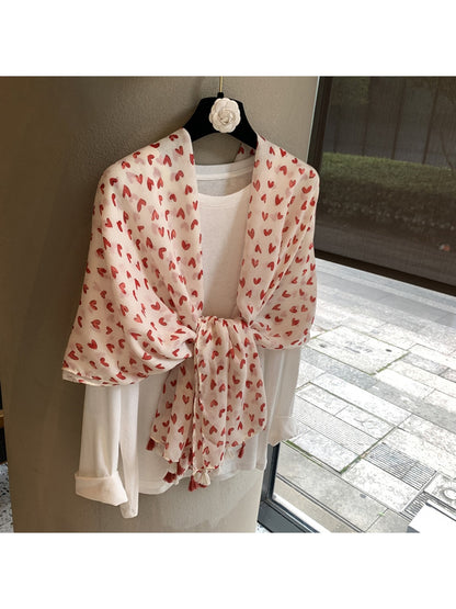 Scarvii - Heart Pattern Tassel Long Rectangular Shawl