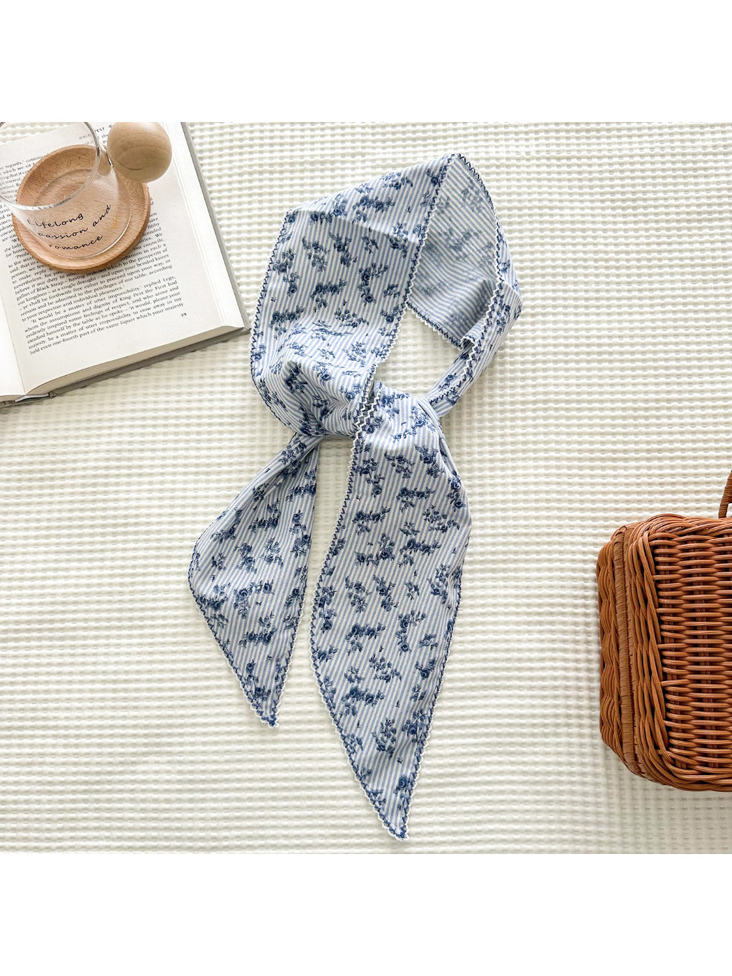 Floral stripe lace skinny scarf displayed flat showing detailed lace and floral pattern