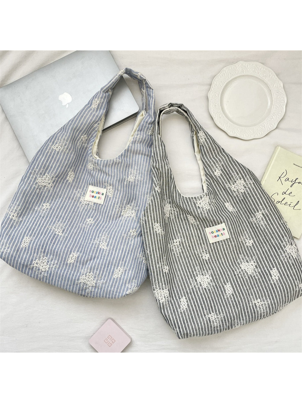Cosbai Soft Stripe Everyday Tote Bag front view with beige and white stripes