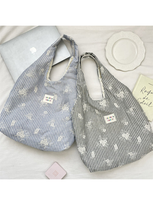 Cosbai Soft Stripe Everyday Tote Bag front view with beige and white stripes