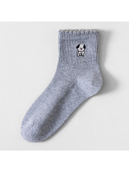 Rufia - Cartoon Embroidered Solid Crew Socks