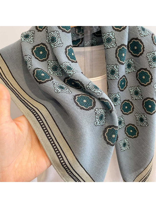 Scarvii - Blue Floral Pattern Tassel Square Scarf