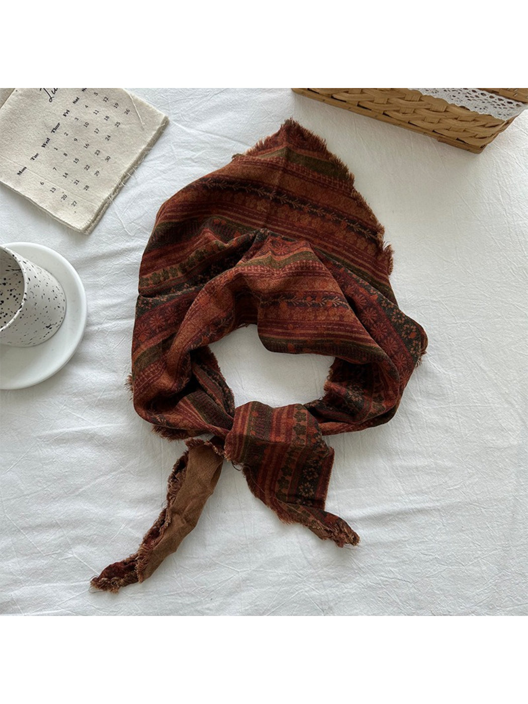 Scarvii retro washed triangle scarf with frayed trim laid flat on white background