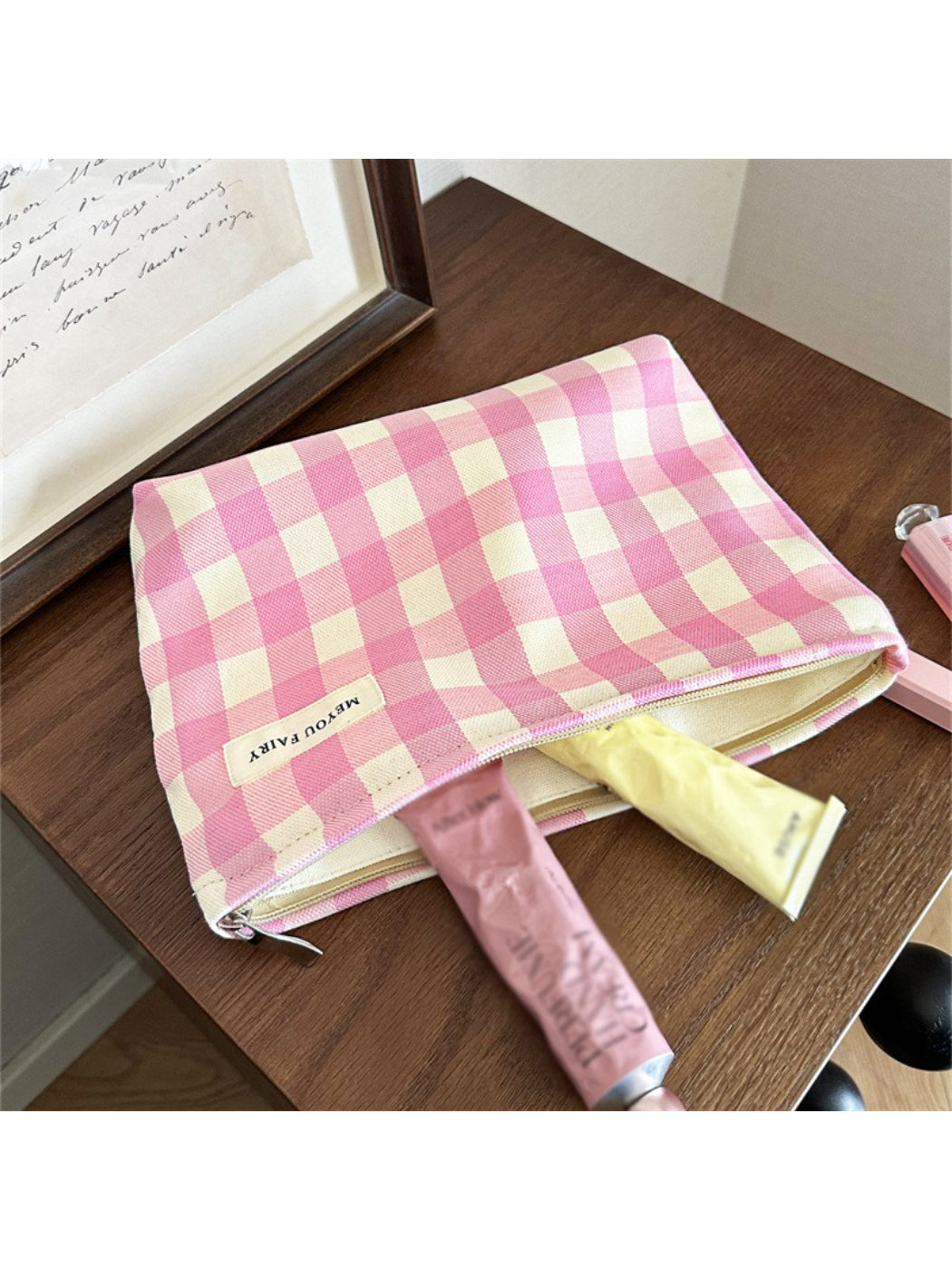 Cosbai pastel check makeup pouch standing upright with visible check design