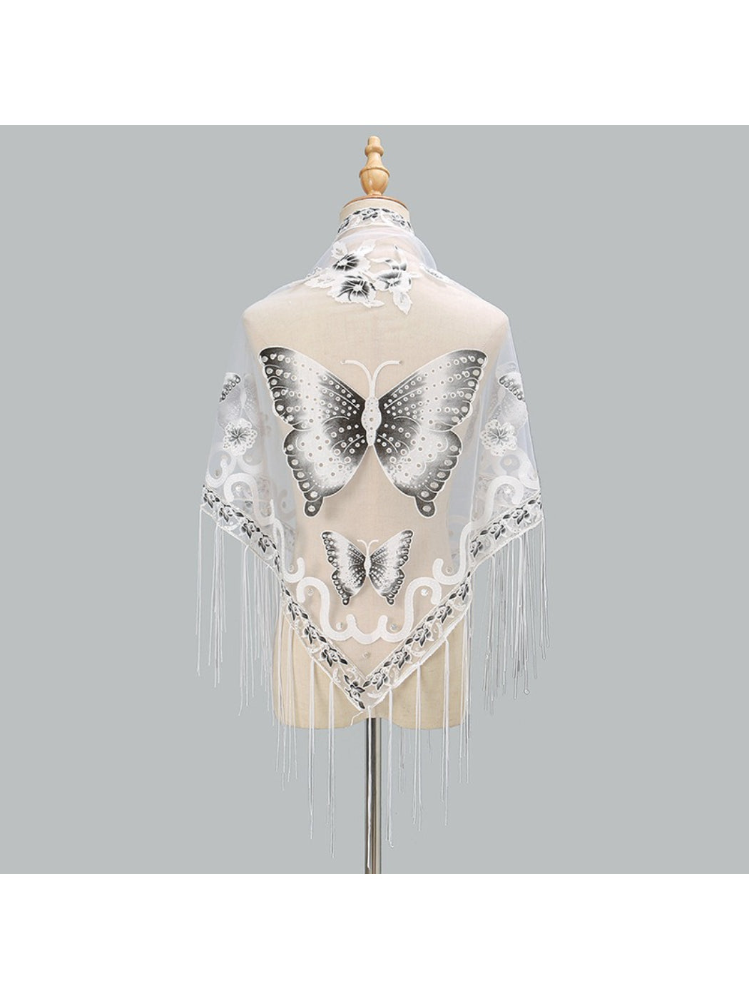 Scarvii Butterfly Fringe Triangle Scarf laid flat displaying full butterfly design and fringed border