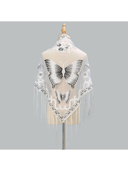 Scarvii Butterfly Fringe Triangle Scarf laid flat displaying full butterfly design and fringed border